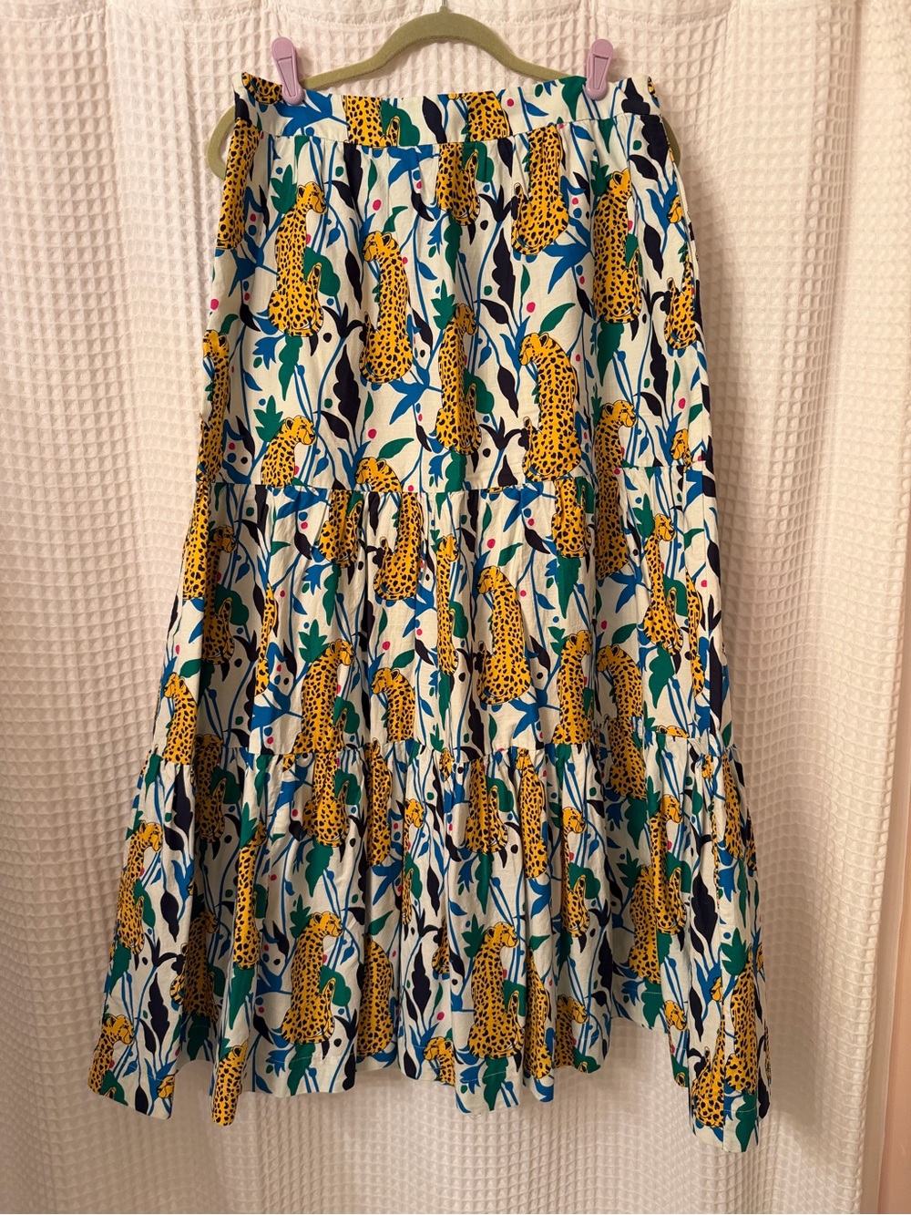 BODEN Lorena Printed Tiered Midi Skirt with Yellow Leopard Motif